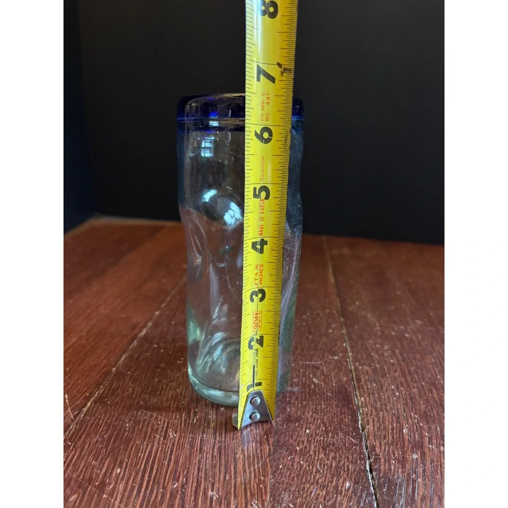 Hand Blown Mexican Glass Cobalt Blue Rim Dimpled Thumbprint Tumbler 6.5